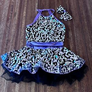 Weissman sequined halter style dance recital dress w/attached shorts & bow